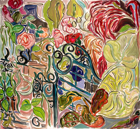 11. Artist's Garden Triptic 'Taro, Plantain, Maize and Amarynth III' oil on canvas 64x68 inches
